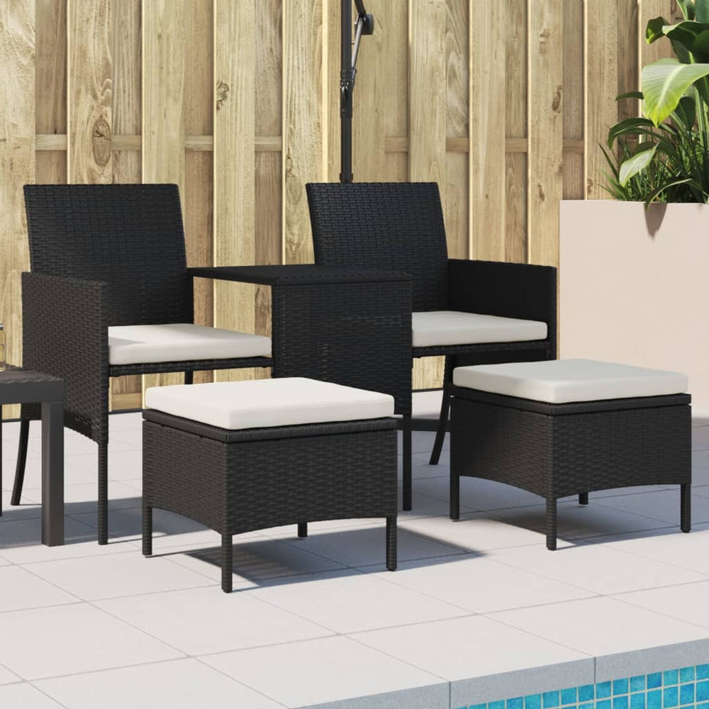 Two-seater garden sofa with table/stools, black, poly rattan