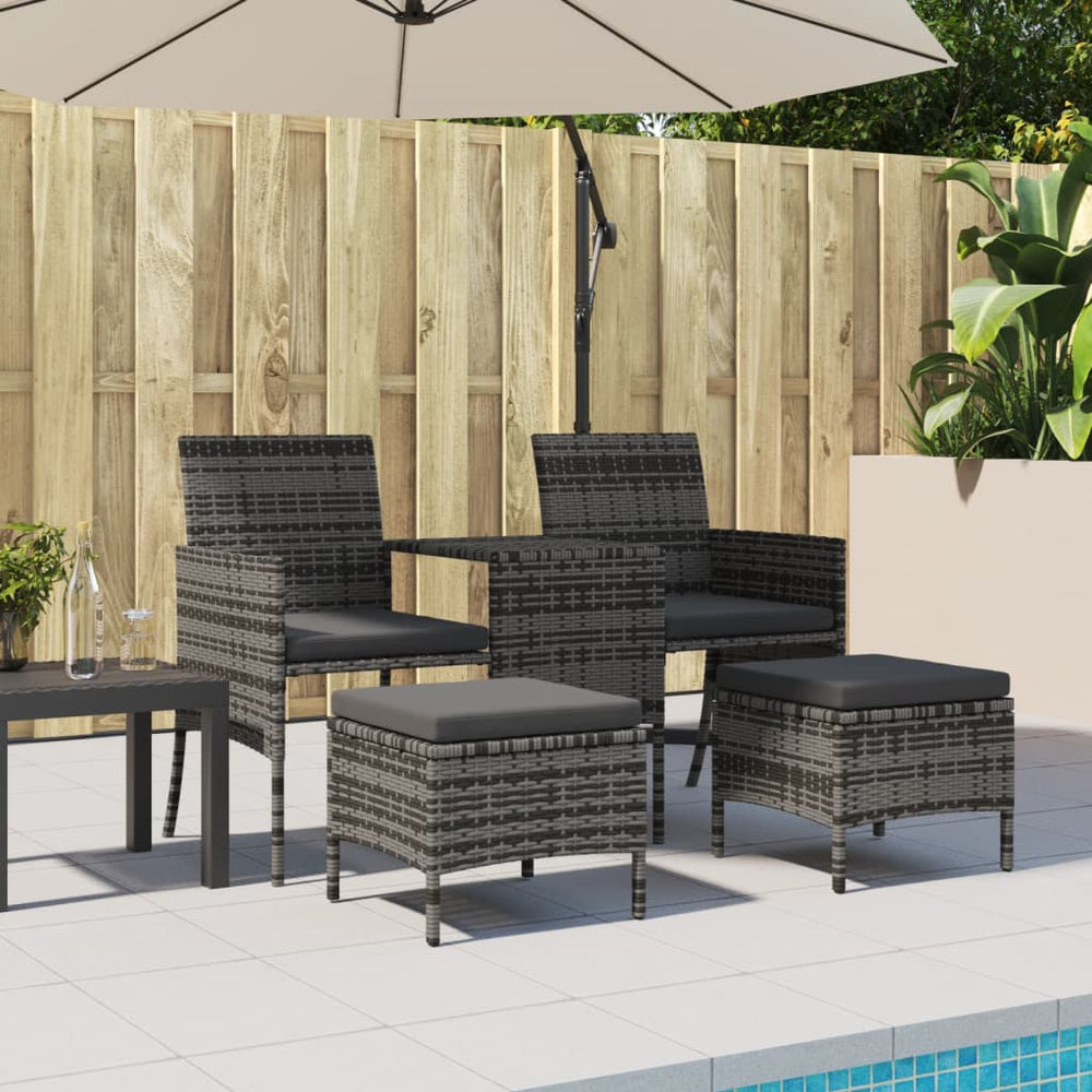 Two-seater garden sofa with table/stools, grey, poly rattan