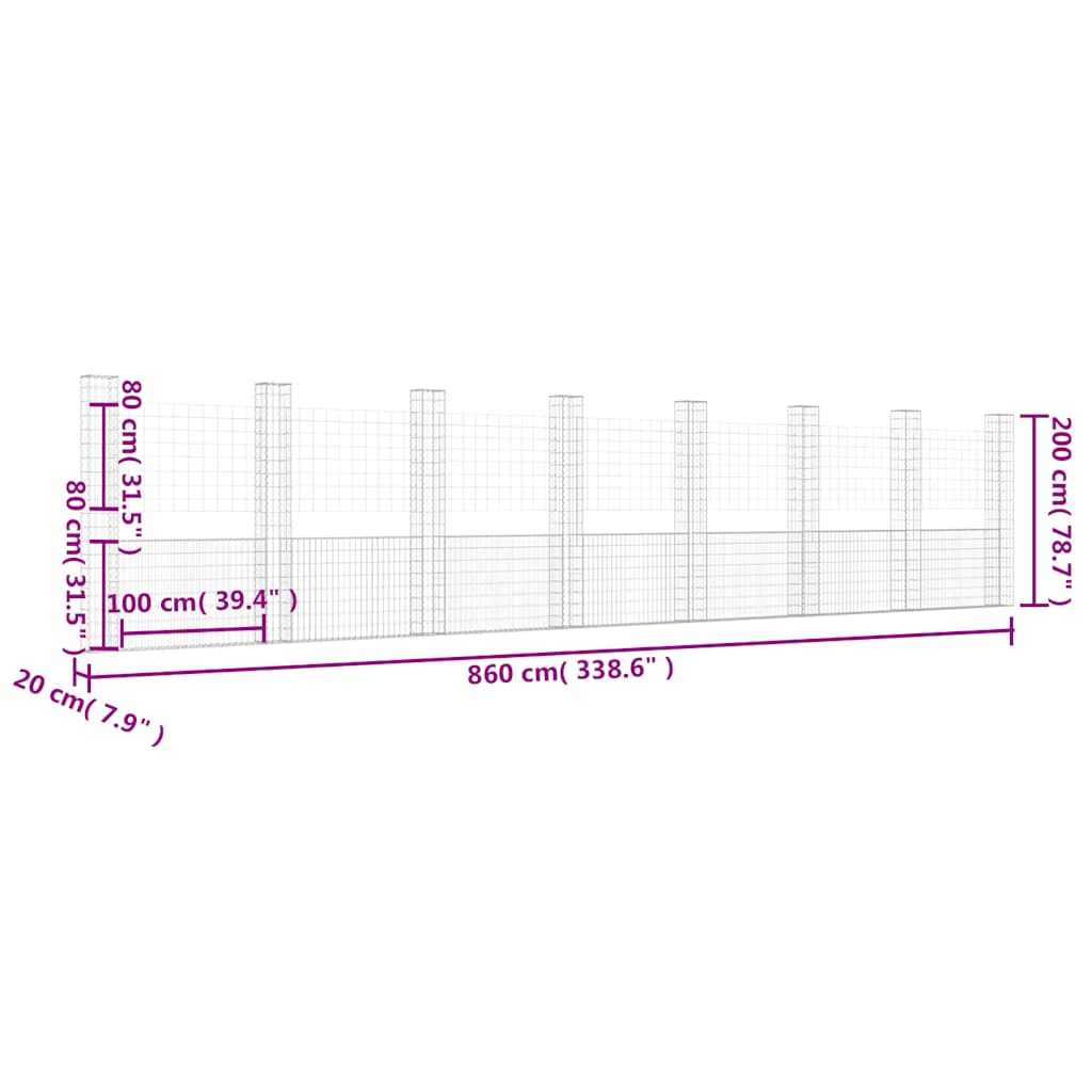 Gabionu grozs ar 8 stabiem, 860x20x200cm, dzelzs