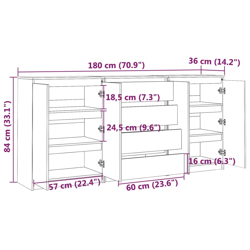 Sideboards, 3 pcs., white, solid pine wood