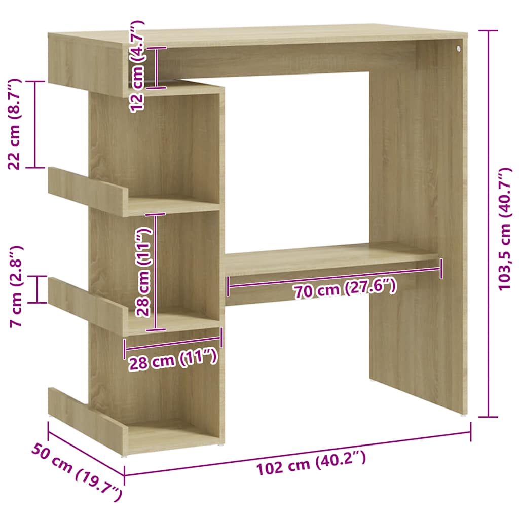 Bar table with shelf, oak, 100x50x101.5cm, wood