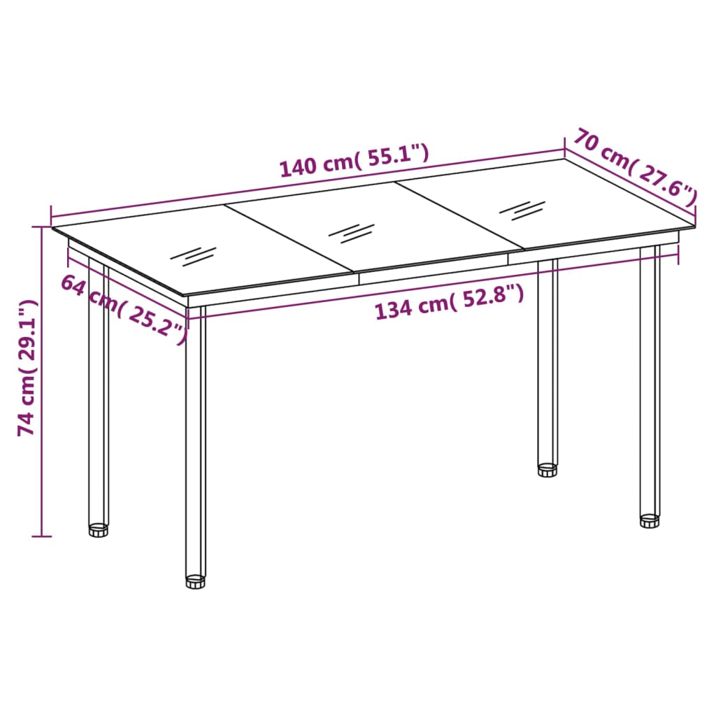 Sodo valgomojo stalas, juodas, 140x70x74cm, plienas ir stiklas