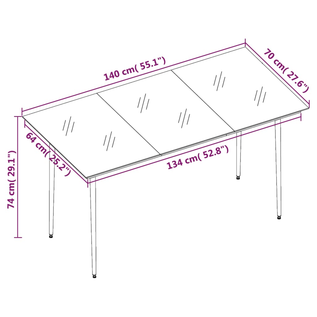 Sodo valgomojo stalas, juodas, 140x70x74cm, plienas ir stiklas