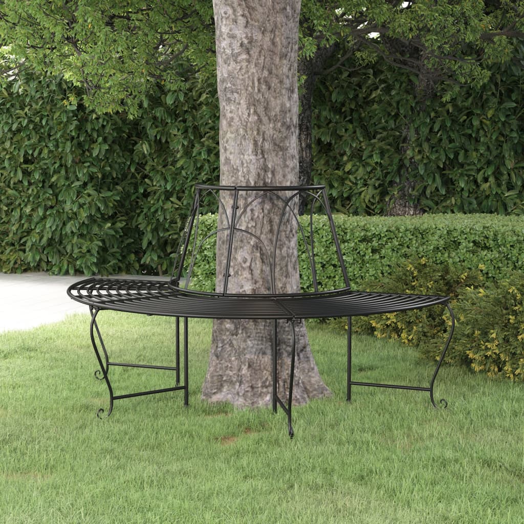 Pusapvalis suoliukas aplink medį, juodas, 159cm, plienas
