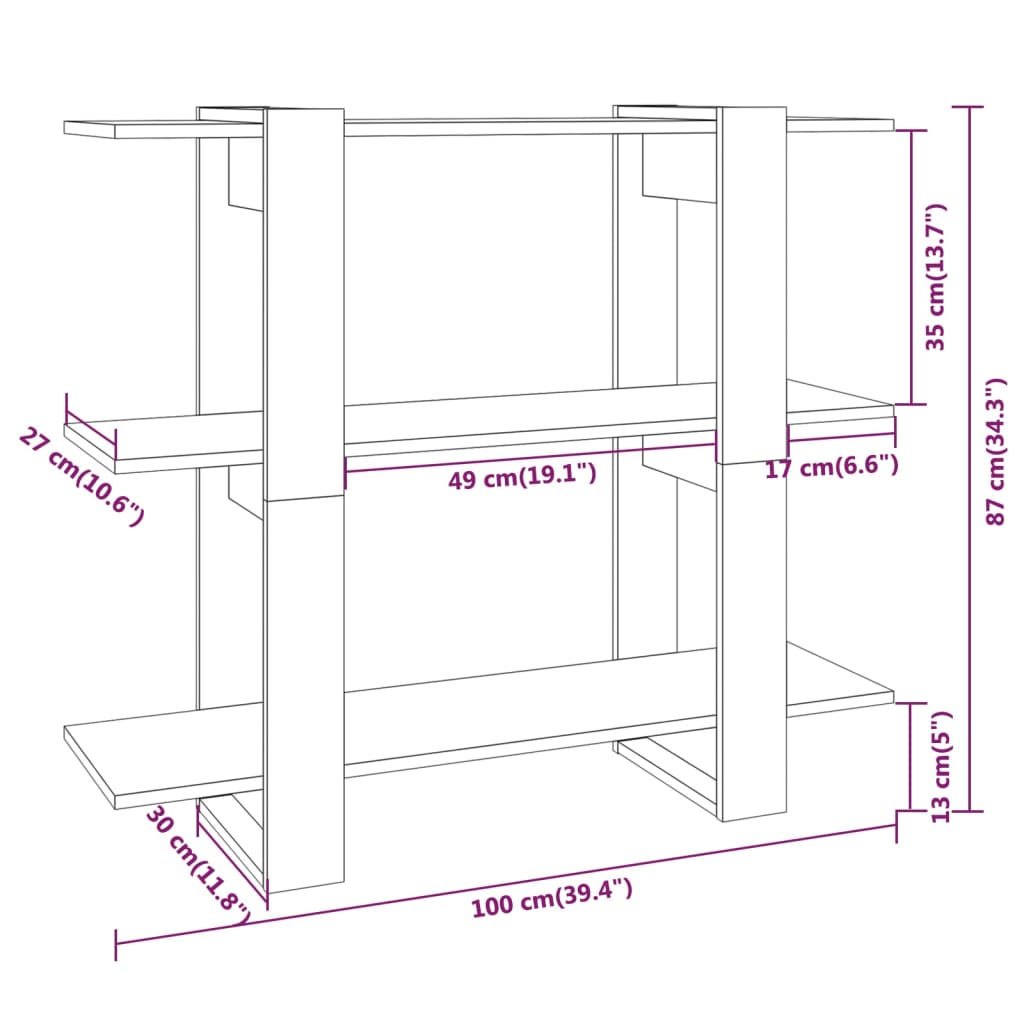 Bookcase/room divider, oak, 100x30x87cm