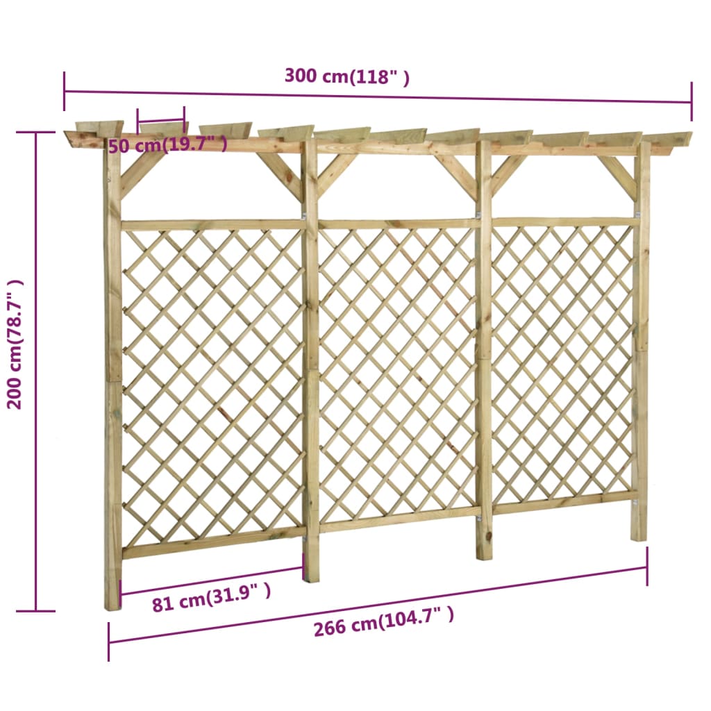 Garden fence with trellis/pergola top, 300x50x200cm, pine