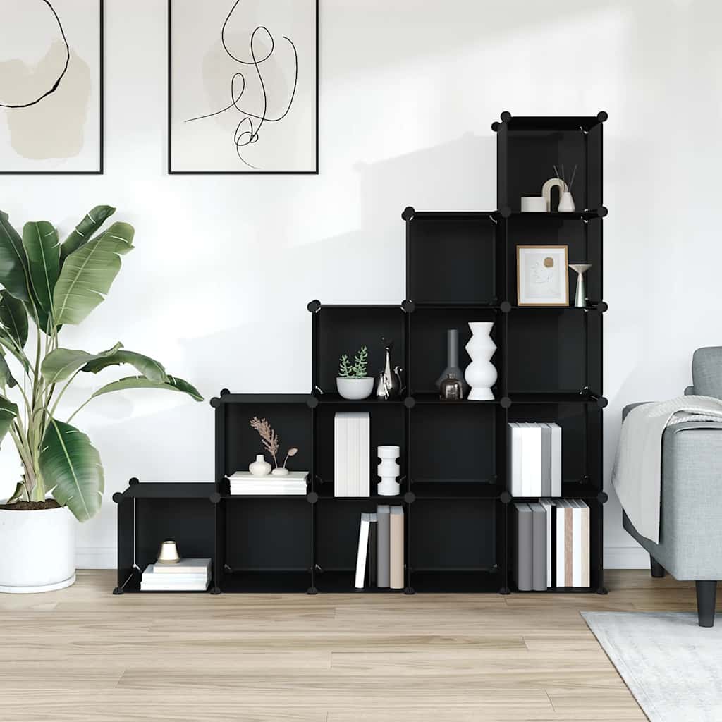 Shelf with 15 cube-shaped compartments, black, PP