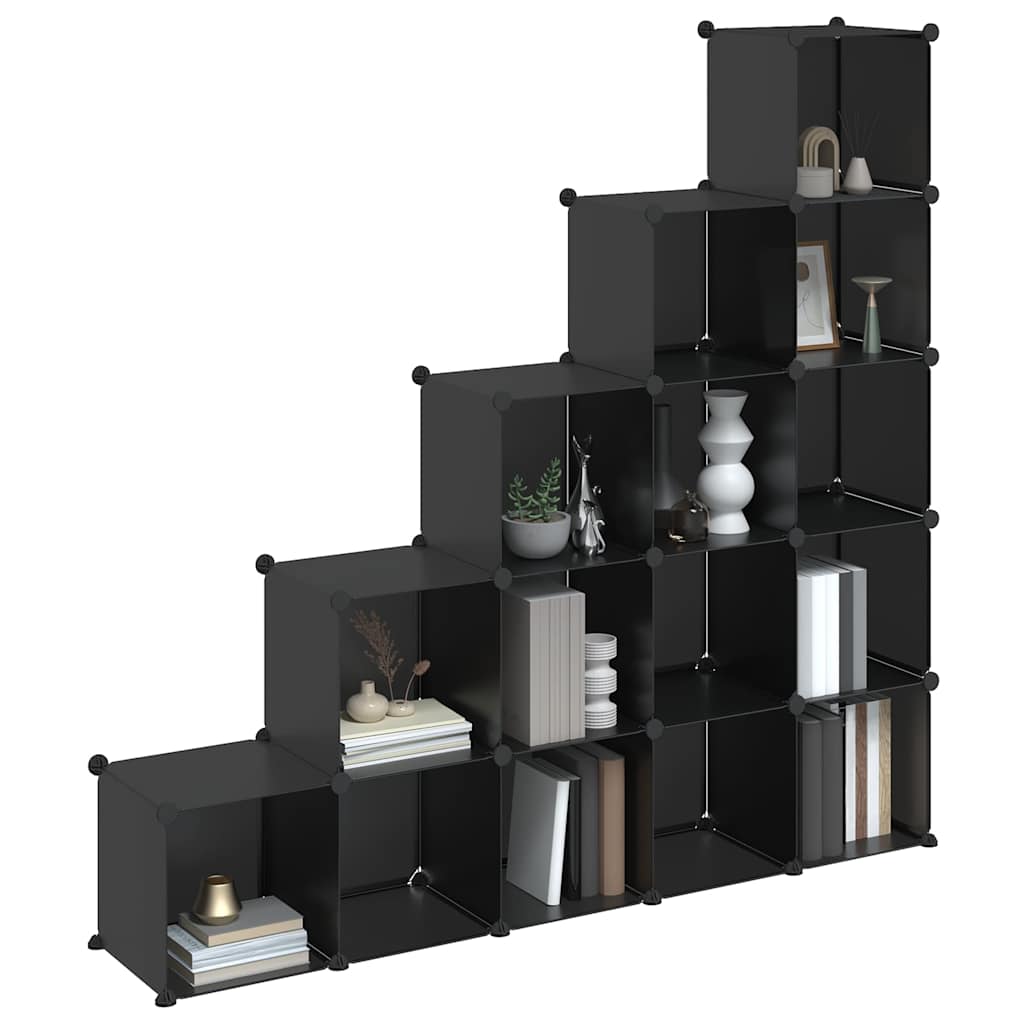 Shelf with 15 cube-shaped compartments, black, PP