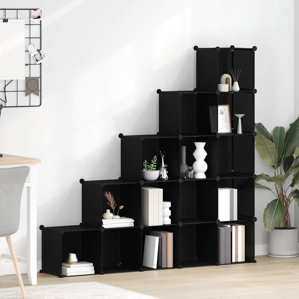 Shelf with 15 cube-shaped compartments, black, PP