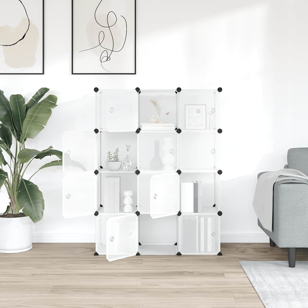 Shelf with 12 cube compartments and doors, transparent, PP