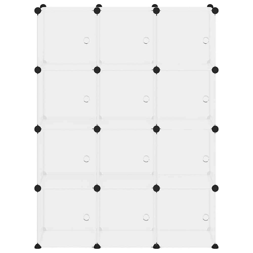 Shelf with 12 cube compartments and doors, transparent, PP