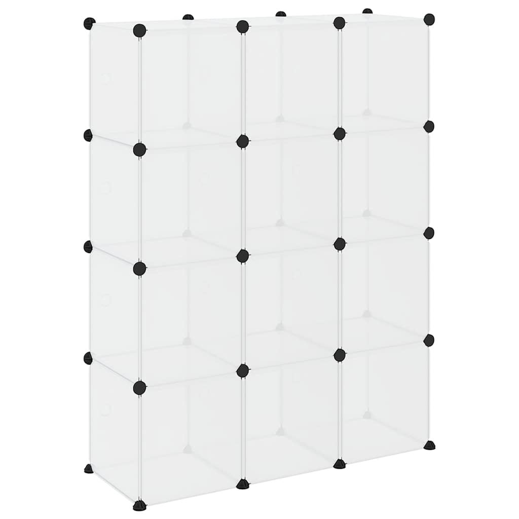 Shelf with 12 cube compartments and doors, transparent, PP