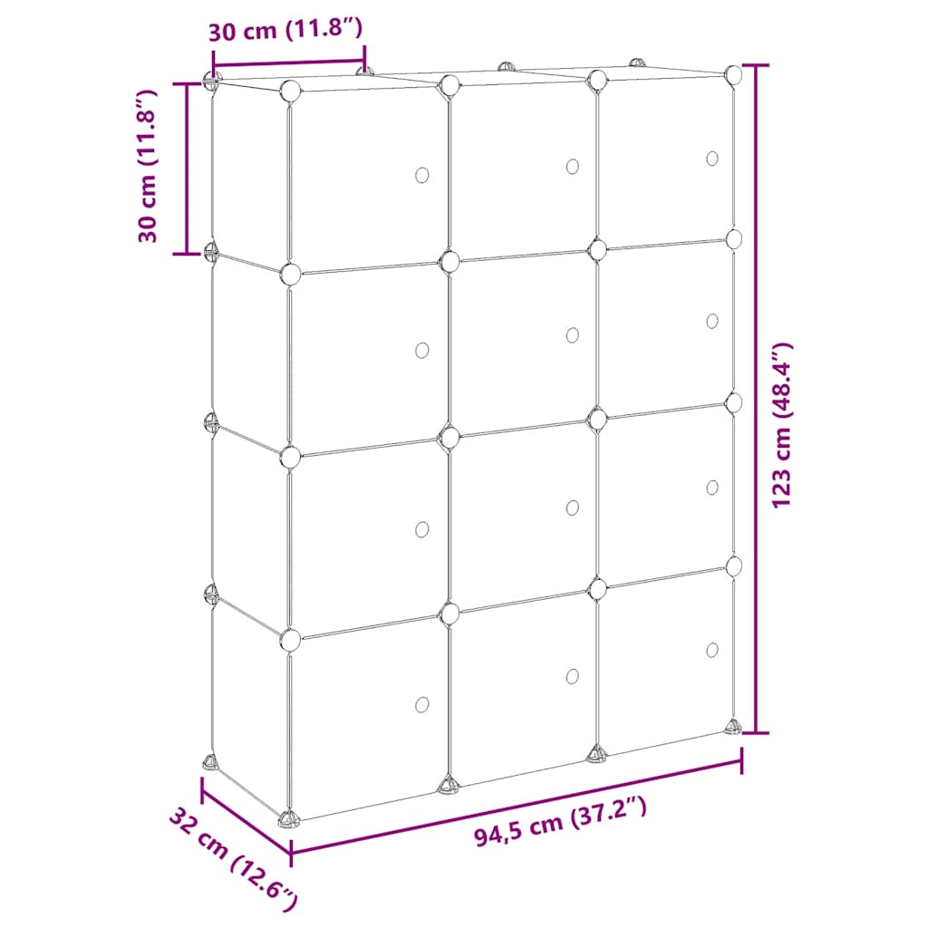 Shelf with 12 cube compartments and doors, transparent, PP