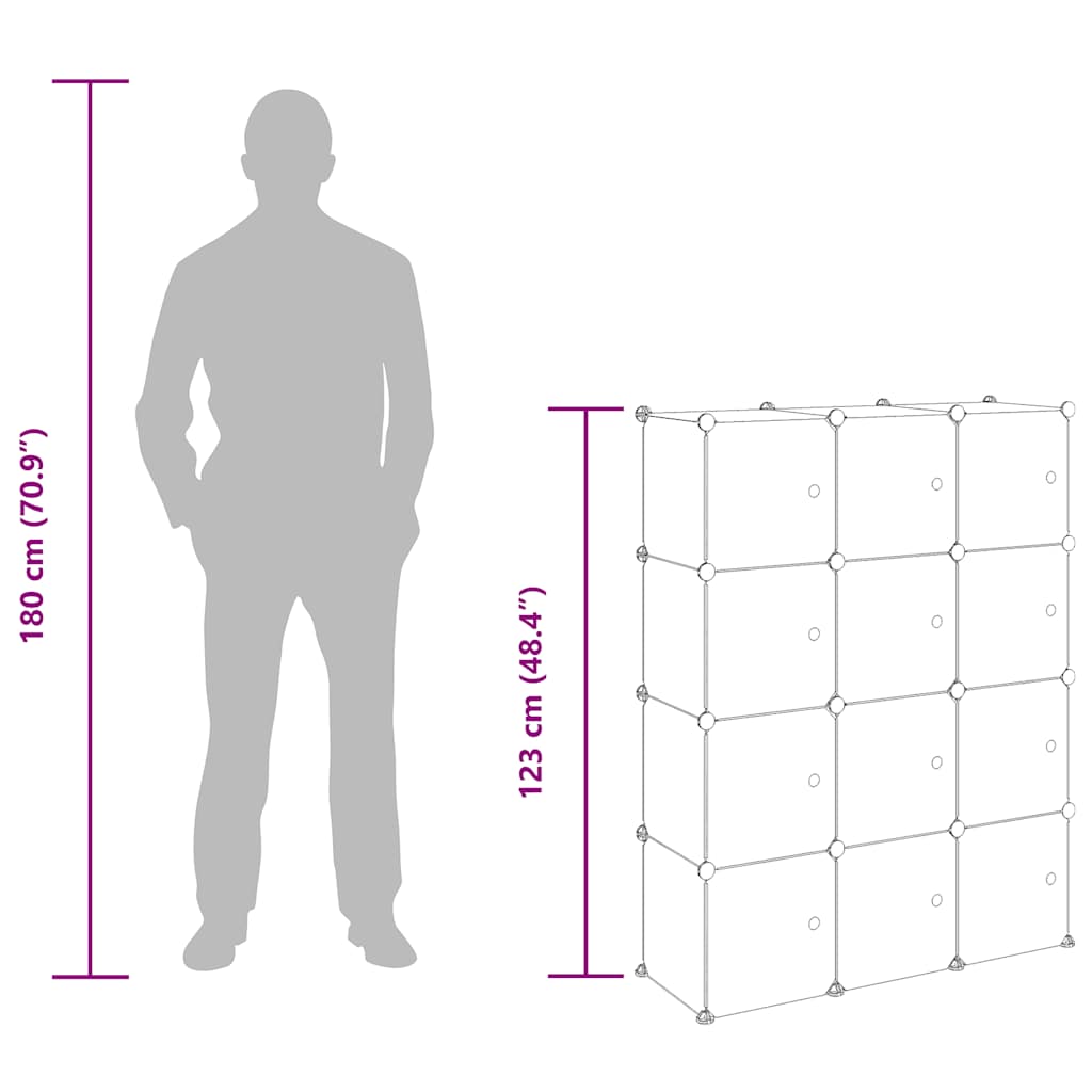 Shelf with 12 cube compartments and doors, transparent, PP