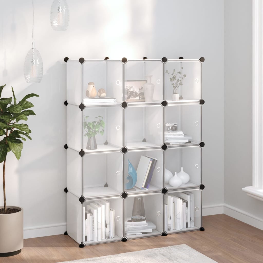 Shelf with 12 cube compartments and doors, transparent, PP