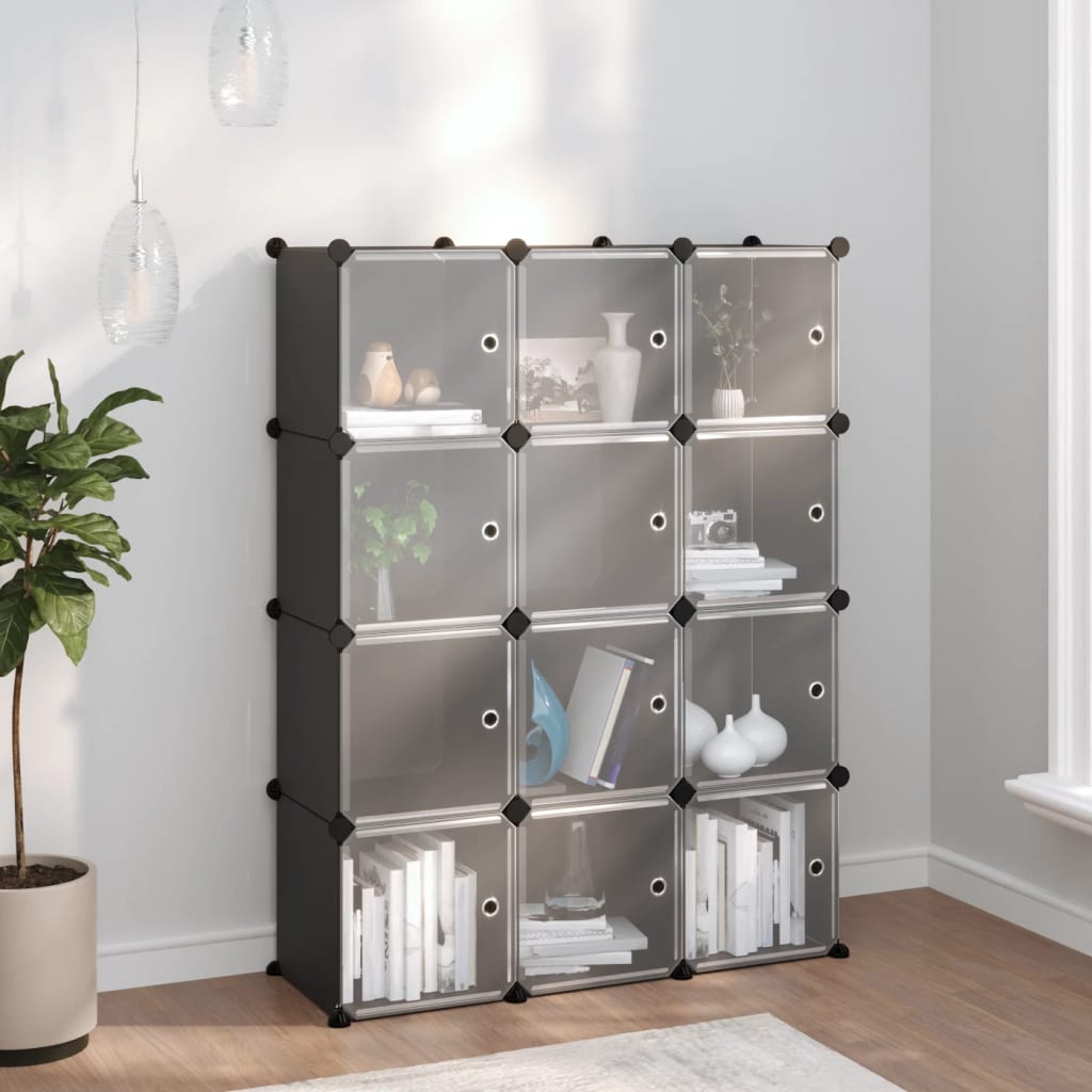 12-Cube Storage Cube Organizer with Doors Black PP