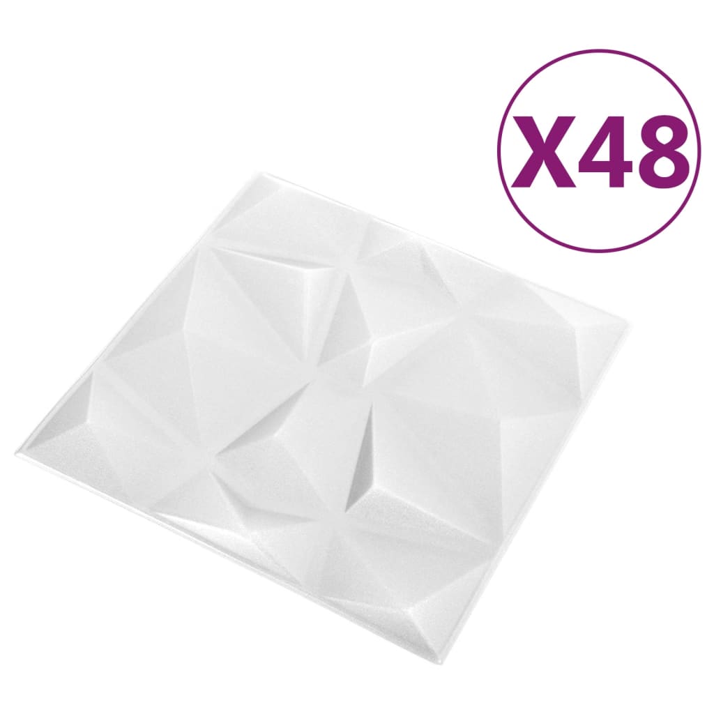 3D sienų plokštės, 48vnt., baltos, 50x50cm, 12m², deimantų