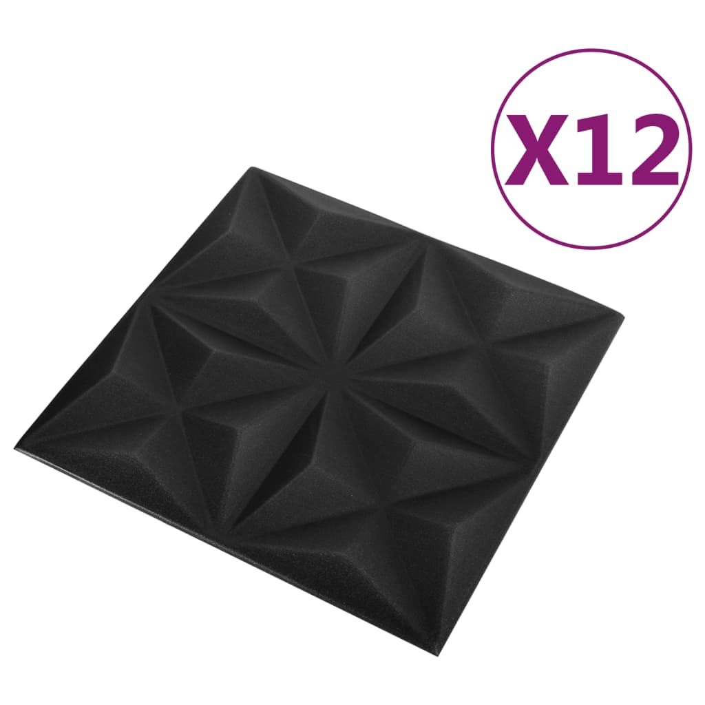 3D sienų plokštės, 12vnt., juodos, 50x50cm, 3m², origami rašto