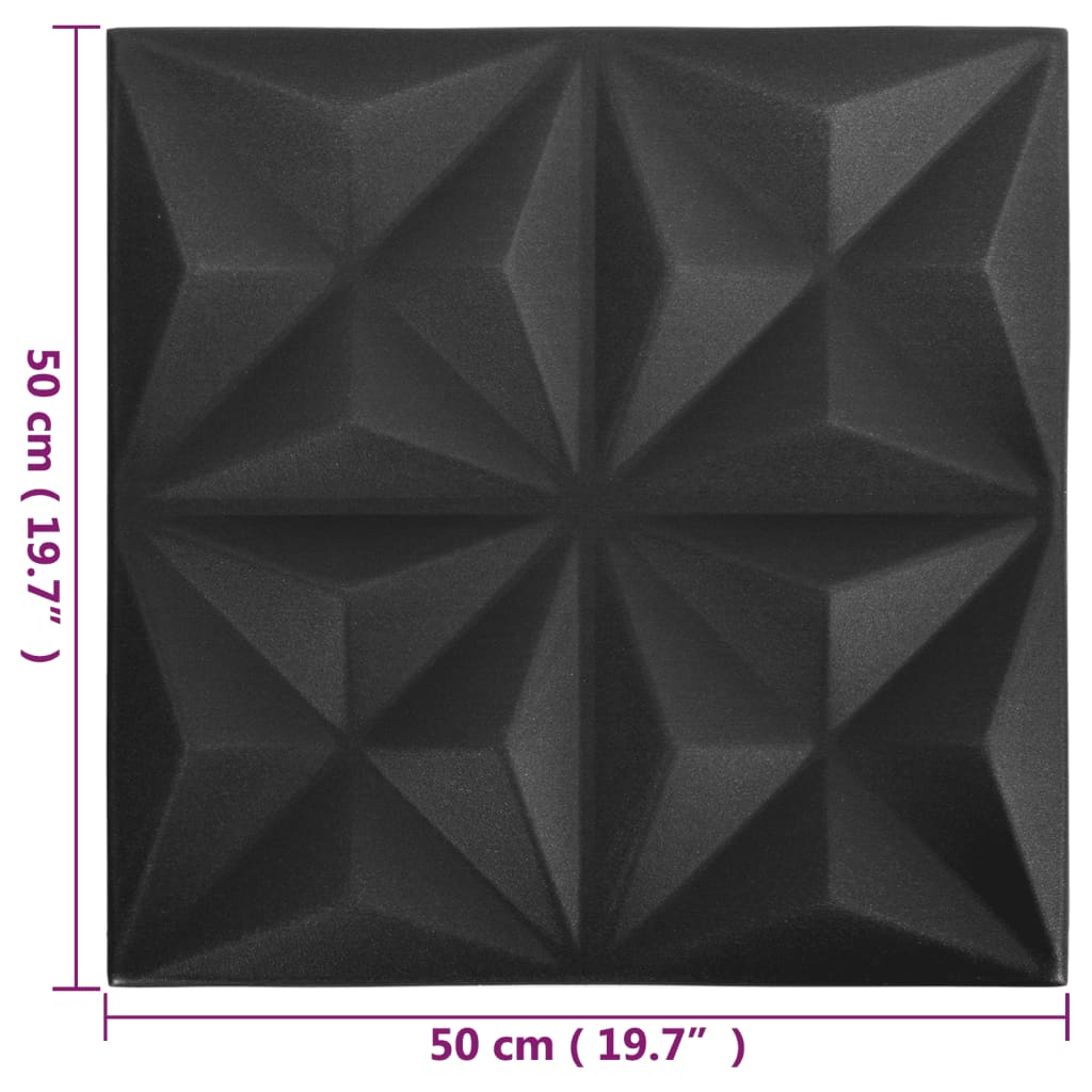 3D sienų plokštės, 12vnt., juodos, 50x50cm, 3m², origami rašto
