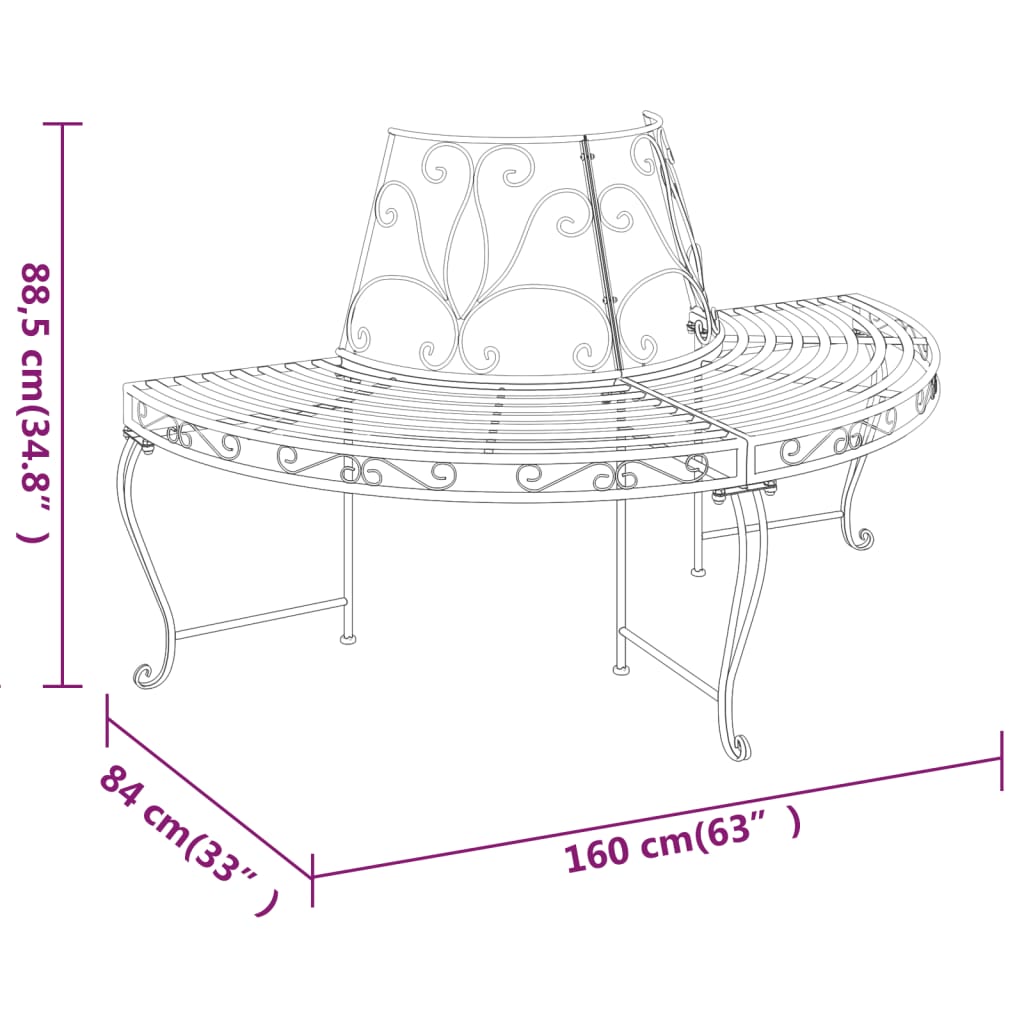 Pusapvaliai suoliukai aplink medį, 2vnt., juodi, 160cm, plienas