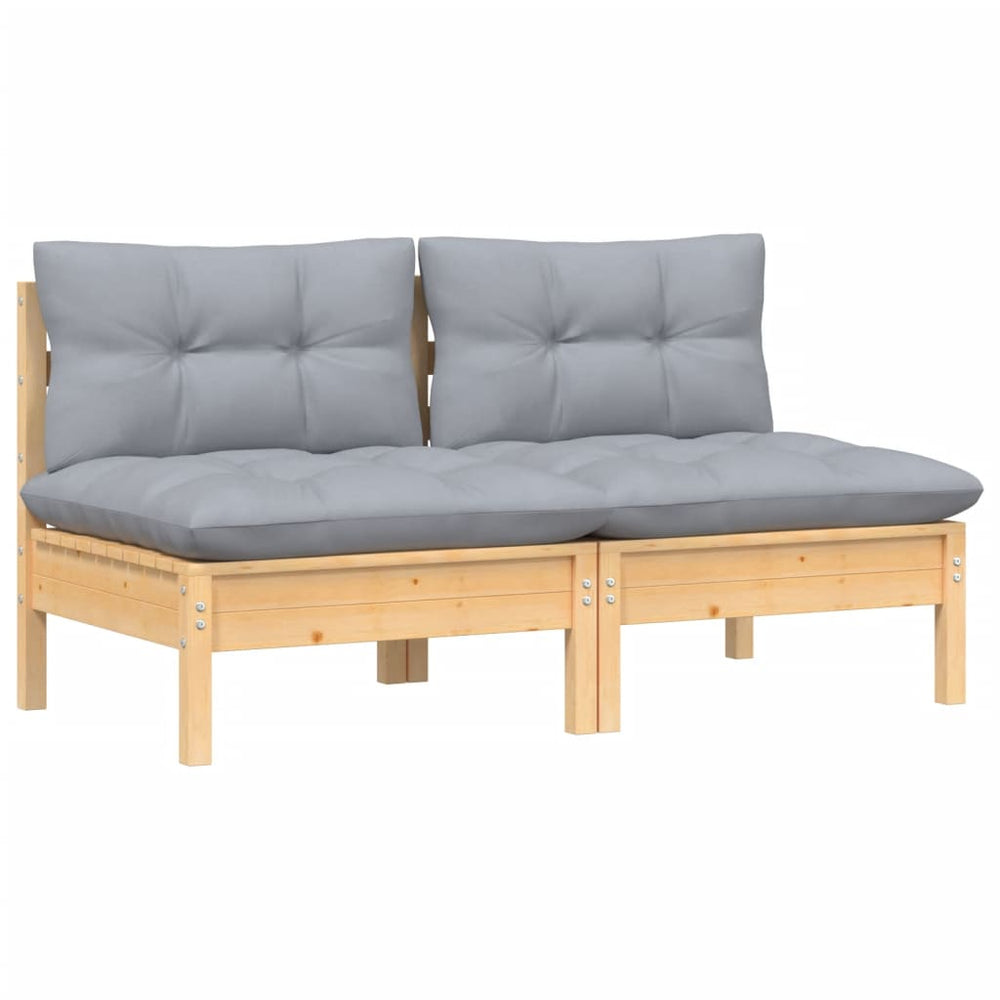 Two-seater garden sofa with grey cushions, solid pine
