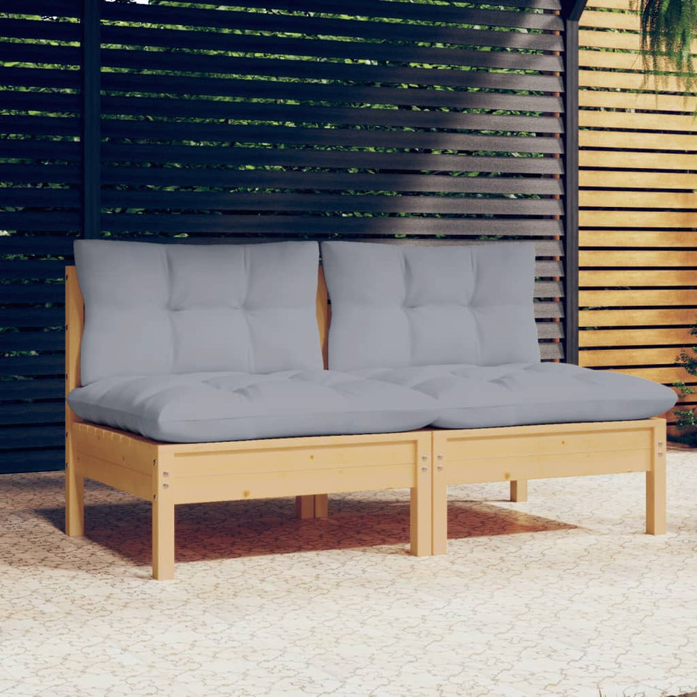 Two-seater garden sofa with grey cushions, solid pine