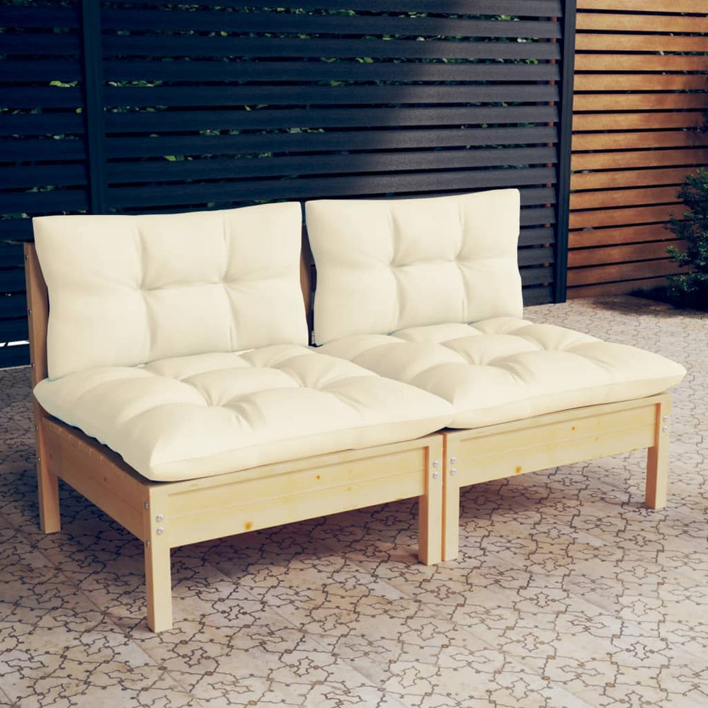 Two-seater garden sofa with cream cushions, solid pine