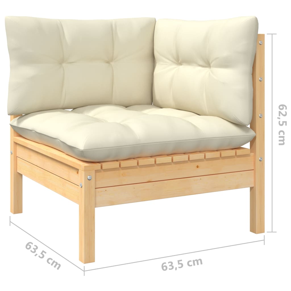 Two-seater garden sofa with cream cushions, solid pine