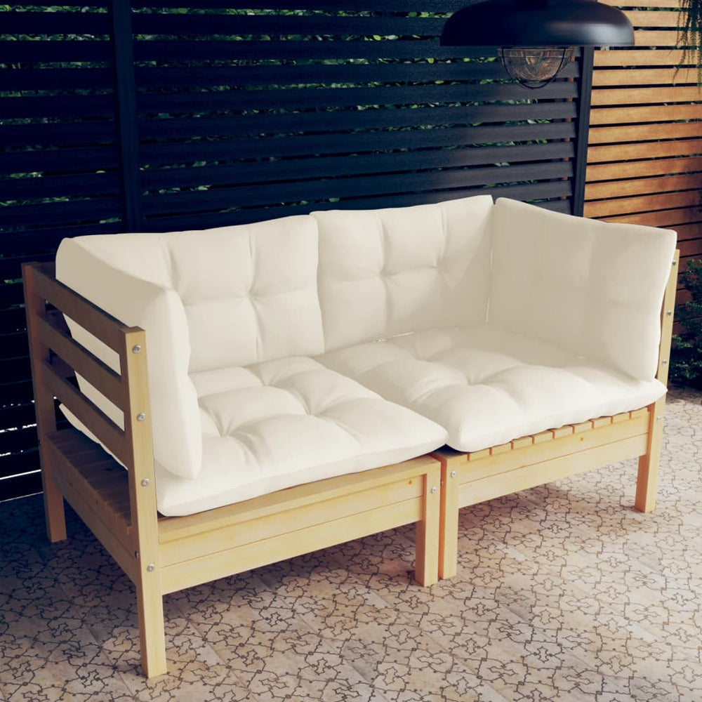 Two-seater garden sofa with cream cushions, solid pine