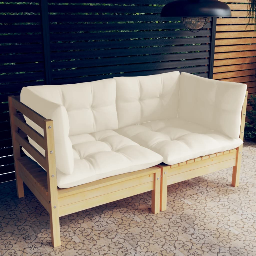 Two-seater garden sofa with cream cushions, solid pine