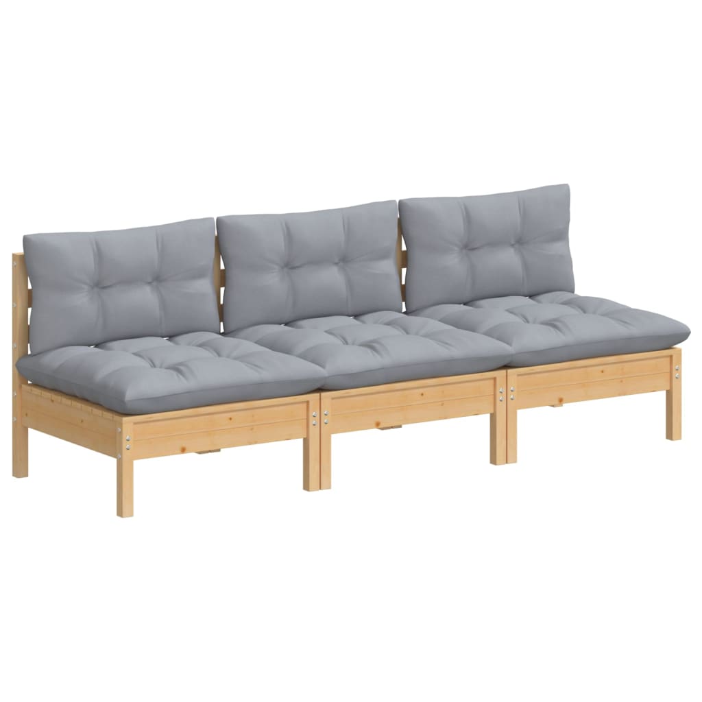 Trivietė sodo sofa su pilkomis pagalvėlėmis, pušies masyvas