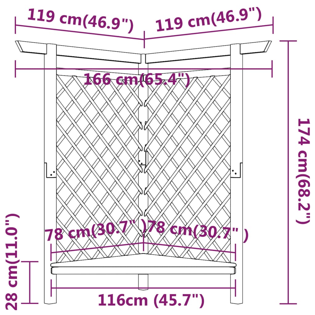 Stūra pergola ar soliņu, 166x81x174cm, impregnēta priede