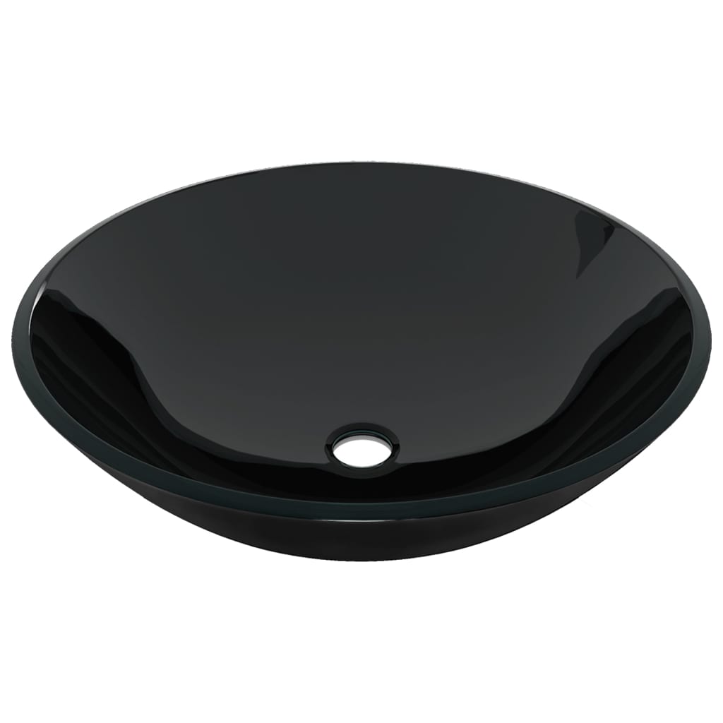 Bathroom sink with faucet and valve, black, glass