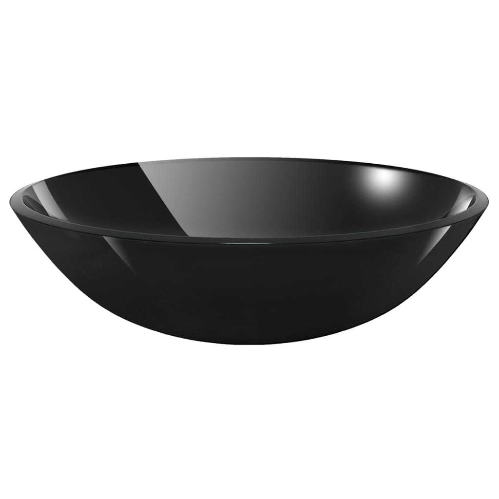 Bathroom sink with faucet and valve, black, glass