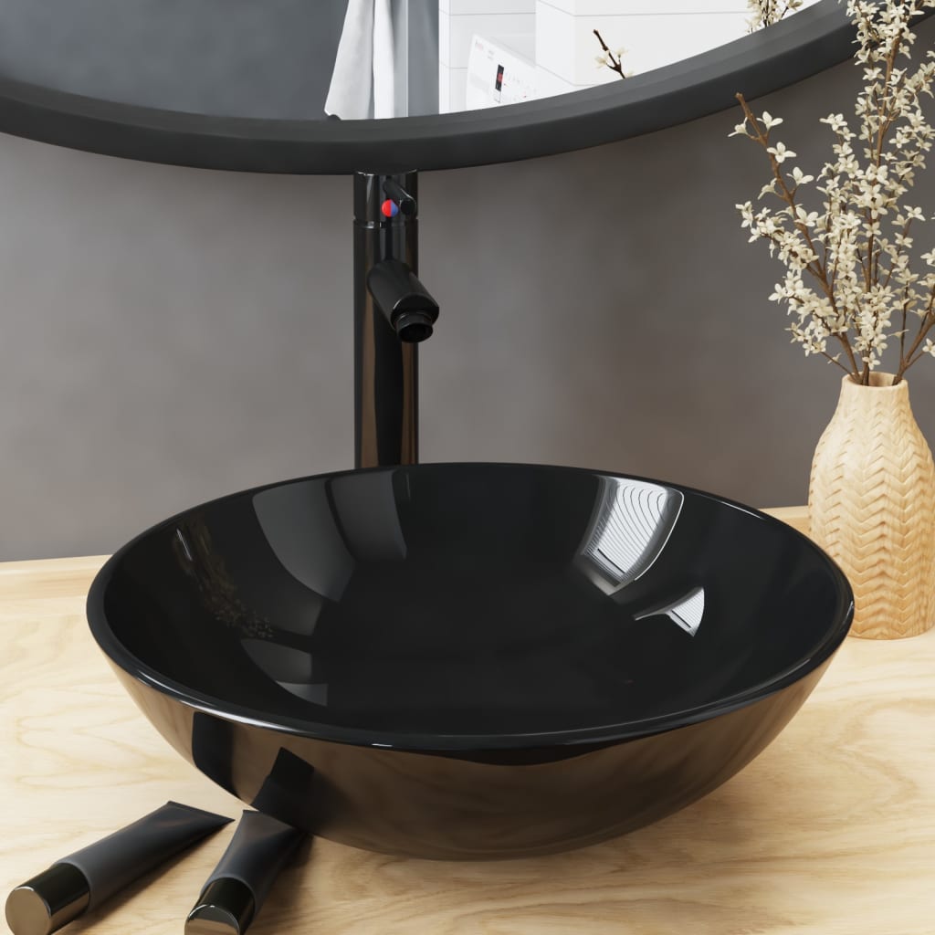Bathroom sink with faucet and valve, black, glass