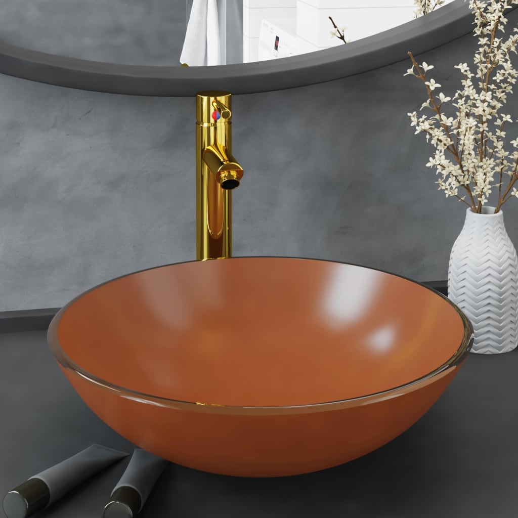 Bathroom sink with tap and valve, brown, glass