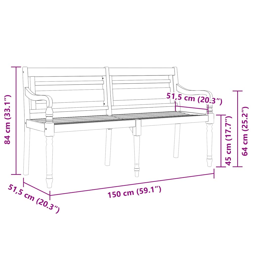 Batavia suoliukas su pilka pagalvėle, 150cm, tikmedžio mediena