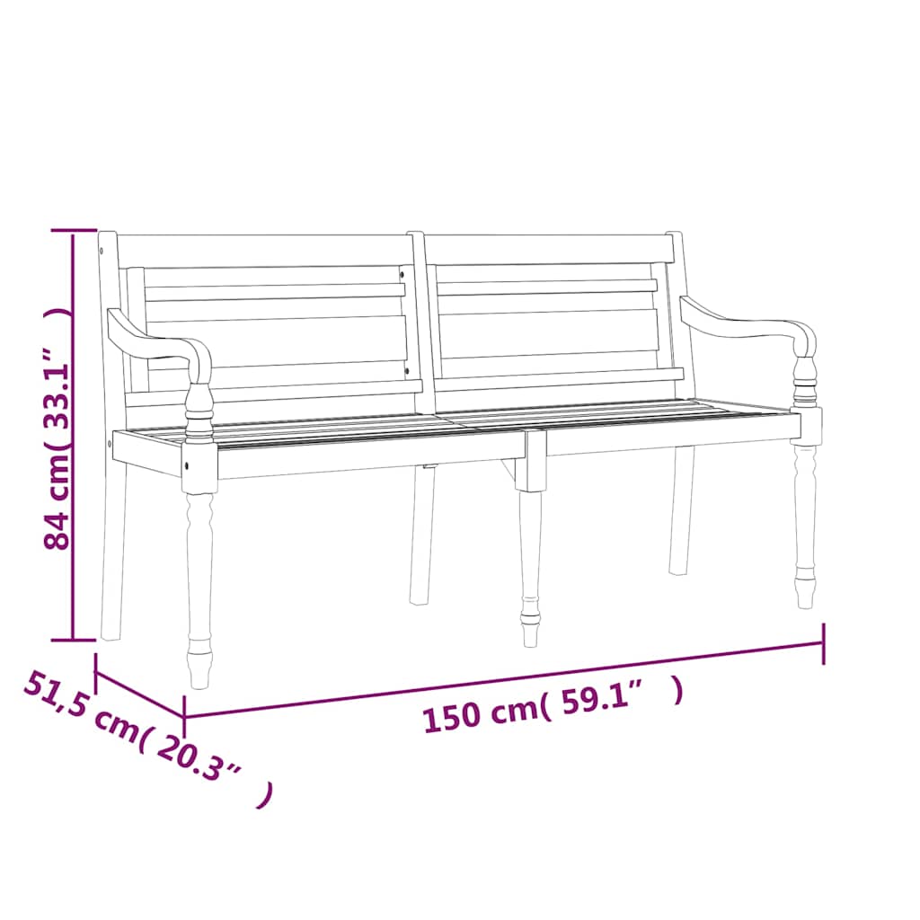 Batavia suoliukas su pilka pagalvėle, 150cm, tikmedžio mediena