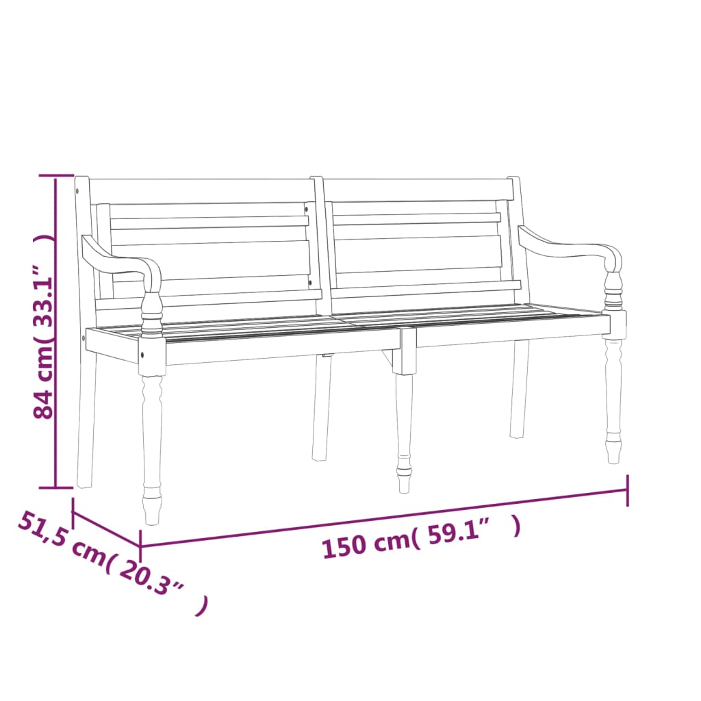Batavia bench with green cushion, 150cm, solid teak wood