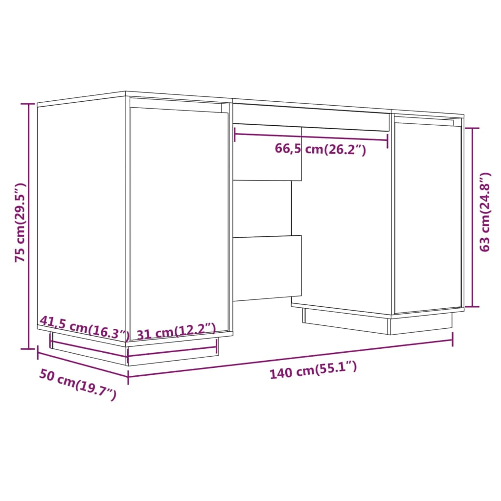 Desk, white, 140x50x75cm, solid pine