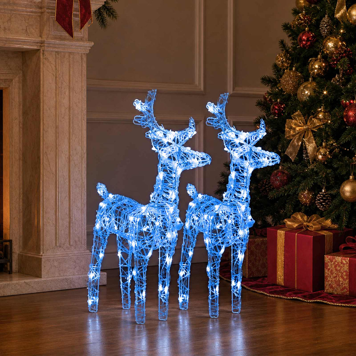 Kalėdiniai elniai, 2vnt., akrilas, 80 mėlynos spalvos LED