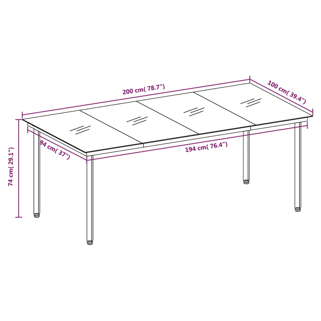 Outdoor dining table, black, 200x100x74cm, steel and glass
