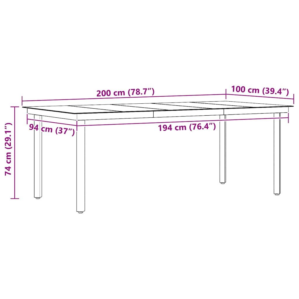 Outdoor dining table, black, 200x100x74cm, steel and glass