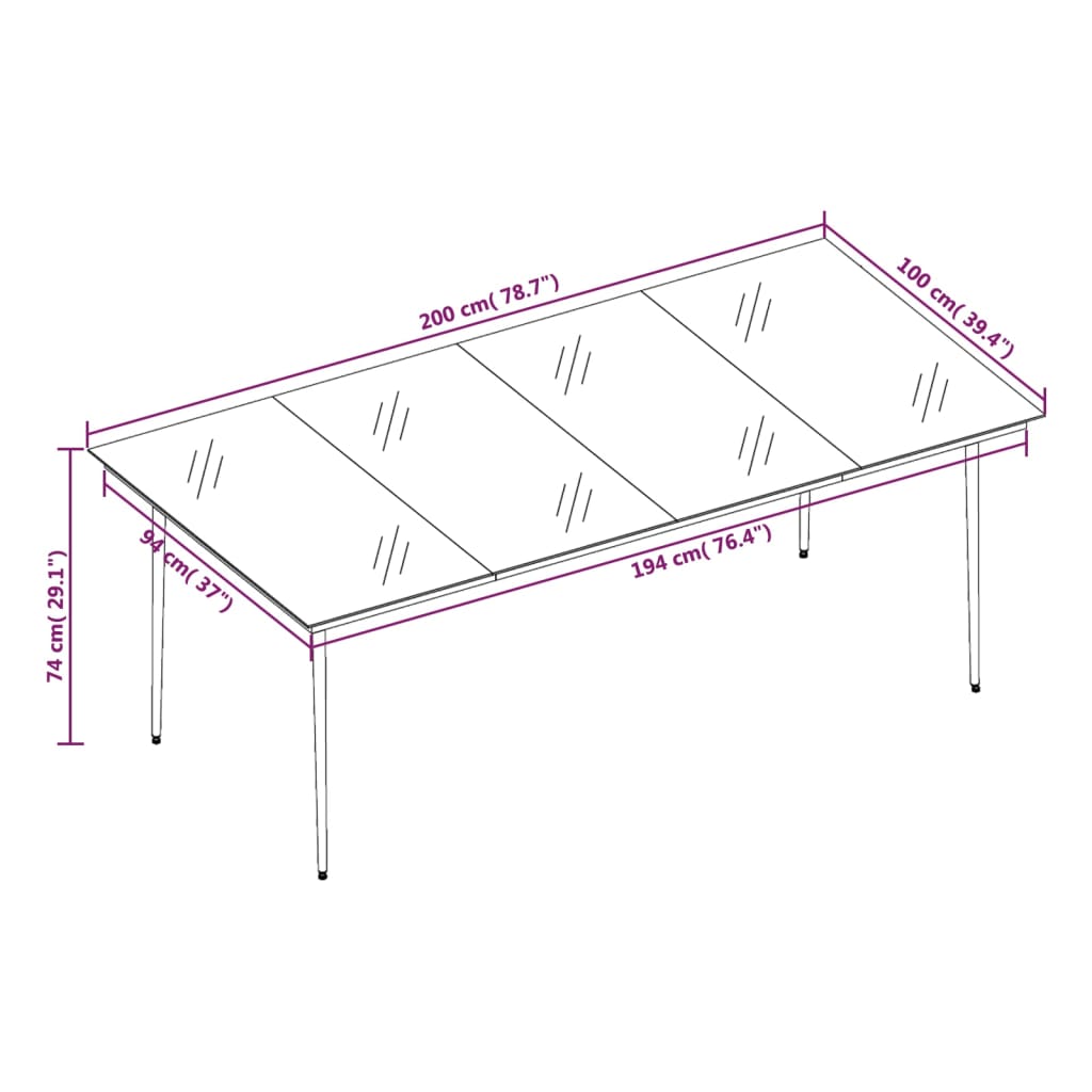 Sodo valgomojo stalas, juodas, 200x100x74cm, plienas ir stiklas