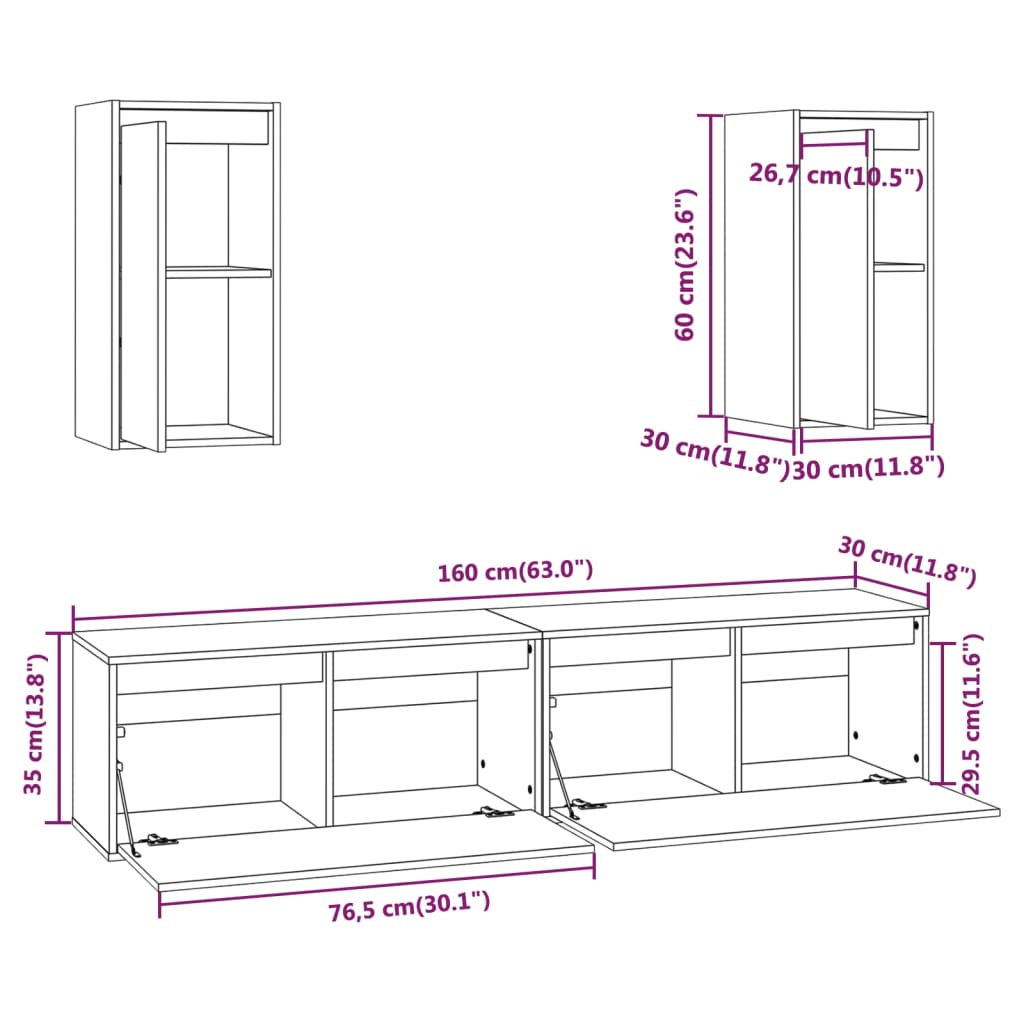 TV cabinets, 4 pcs., white, solid pine wood