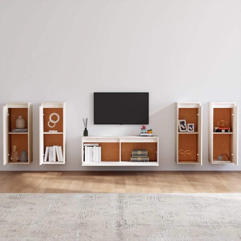 TV benches, 5 pcs, white, solid pine wood