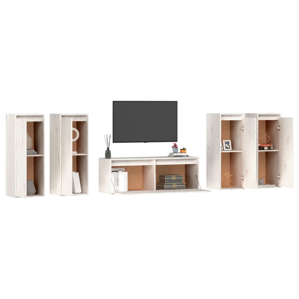 TV benches, 5 pcs, white, solid pine wood