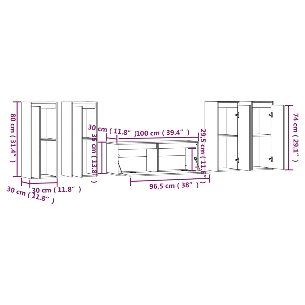 TV benches, 5 pcs, white, solid pine wood