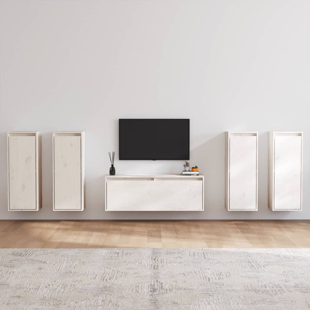 TV benches, 5 pcs, white, solid pine wood