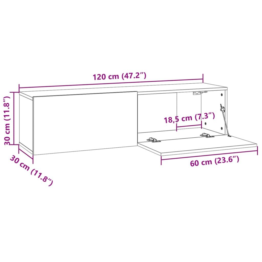 Wall-mounted TV cabinet, oak, 120x30x30 cm, wood